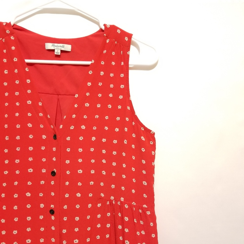 0185 Madewell 100% silk water flower red & White dress sz S - Picture 6 of 8